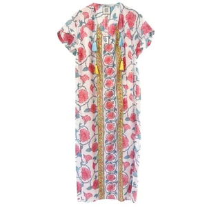 Bell Alicia Bell Kaftan Tassel Silk Cotton Maxi Dress Beach Pink Floral Large - Picture 1 of 6