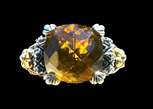 Barbara Bixby 18K Yellow Gold Sterling Silver Cognac Quartz Cushion Ring Size 7 - Picture 1 of 5
