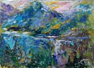 Cuadro "Lago en las Montañas". Óleo sobre cartón. 5x7 inc. Hecho a mano. 2025. - Imagen 1 de 1