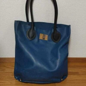 EMILIO PUCCI Tote Bag A4 Gold Logo Plate Leather Blue women's USED FROM JAPAN - Picture 1 of 10