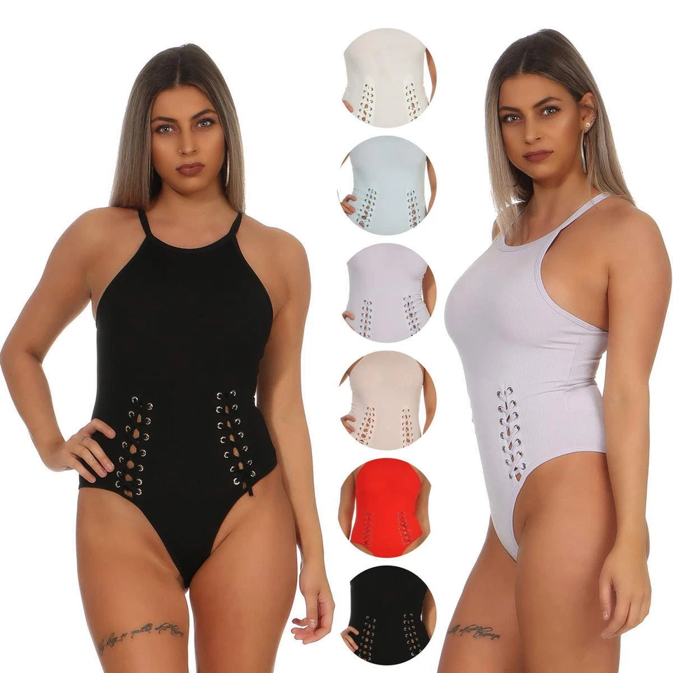 Donna Spalline Corpo Occhielli Schnüroptik Bottone Sottile Sexy Elasticizzato - Immagine 1 di 1