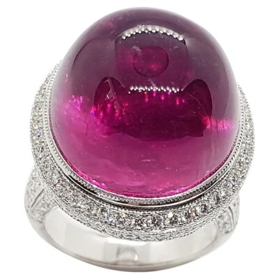 36.42 TCW Cabochon Rubellite & Round Sapphire Dome Style 935 Silver Women Ring - Image 1 of 4
