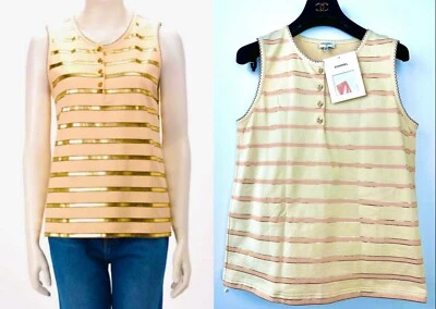 4K Nuevo Chanel 2018 Suéter a Rayas Doradas Top 36 38 4 6 Camisa Tanque Logo Botón S M Foto 1 de 4