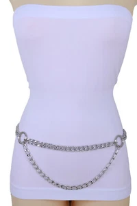 Donna Girovita Hip Metallo Argento Catena Cintura Lato Cerchio Anelli Charm Onda - Foto 1 di 12