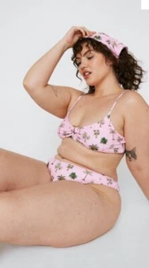 Nasty Gal Pink Lilac Palm Tree 3 Piece Bikini & Head Scarf Set Size 22 Holiday - Picture 1 of 5