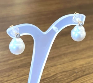 WHITE SOUTH SEA 13.3mm!! PEARLS +DIAMONDS +18ct SOLID YELLOW GOLD EARRINGS +CERT - Picture 1 of 1