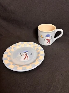 Hartstone Pottery Blue Snow People Snowman Mug Coffee Cup & Salad Dessert Plate - Picture 1 of 16