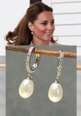 Princess Kate Genuine Natural Pearl & Diamond Earrings Sterling estate Piece - Image 1 of 4