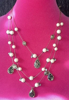 Betsy Johnson Triple Strand Leopard Pearl Rose Necklace Gold Tone - Image 1 of 4