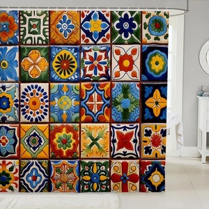 Mexikanisches Talavera Fliesen Duschvorhang Set, Exotisches Ethno Boho Stil Badezimmer Se... - Bild 1 von 7