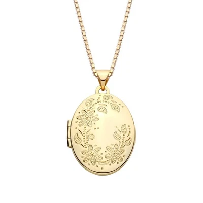 9ct Gold on Sterling  Silver Floral Patterned Photo Locket Pendant & Box Chain - Image 1 of 4