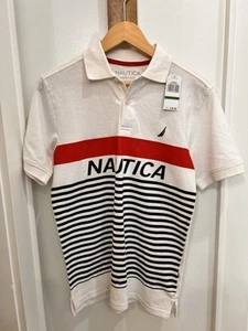 NAUTICA BOYS RED WHITE BLUE STRIPE POLO COLLAR SHIRT L 14/16 NWT - Picture 1 of 6