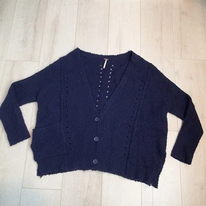 Free People Oversized Knit navy Blue Cardigan Sweater size m wool blend - Picture 1 of 21