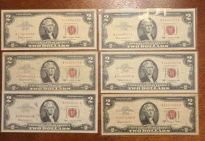 Group Of 6 $2 Two Dollar United States Notes  1963 Red Seal  Circulated - Image 1 of 4