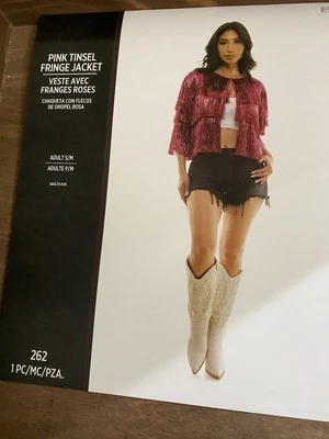 New Women’s Sexy Pink Tinsel Fringe Jacket Halloween Costume Adult S/M NIP KBW - Image 1 of 2