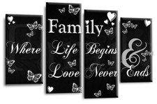 Family Quote Canvas Wall Art Picture Love Home Print Black and White 4 Split Pan