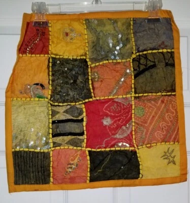 HAND BEADED EMBELLISHED INDIA WALL ART TAPESTRY PATCHWORK SQUARE 16" x 16" - Image 1 of 4