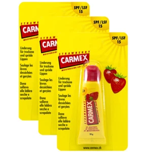 3 x Carmex Strawberry Lip balm Tube Flavored SPF15 Water Resistant 10ml / 0.35oz - Picture 1 of 3