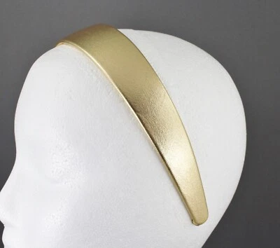Gold headband soft shiny fabric hair band accessory 1 3/16" wide faux leather - Image 1 of 4