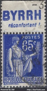 FRANCE TYPE PAIX N°365 AVEC BANDELETTE PUB BYRRH AVEC OBLITERATION - Picture 1 of 2