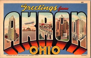 Tarjeta postal saludos de Akron Ohio carta grande tarjeta lino sin publicar - Imagen 1 de 2