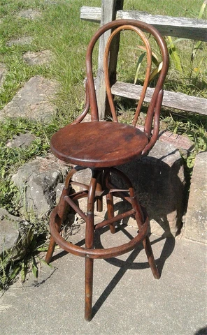 Antique Oak Bentwood Back Tall Work Bench Chair Stool Swivels and Adjusts 1900s Cover