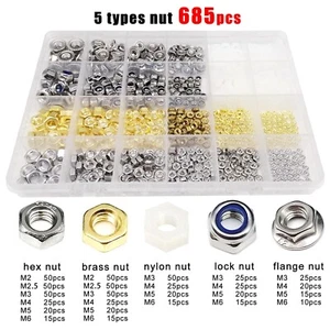 685pcs Mix 5 Types M2-M6 Hex Hexagon Nylon Insert Lock Flange Nut Set Kit Box - Picture 1 of 7