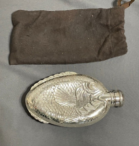 Antique TOWLE Silversmiths silverplate FISH Liquor Whiskey Pocket FLASK + Bag
