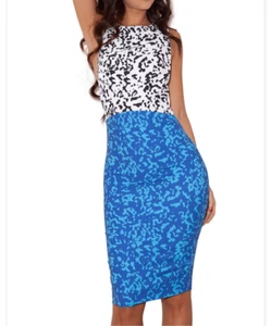 NEW House Of CB Lamour White Printed Stretch Pencil Dress White Black Blue sz XS - Picture 1 of 9