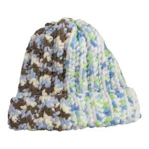 Handmade Hat Girl Sz Stretch Fit Pastel Brown White Blue Green Chenille Yarn  - Picture 1 of 8