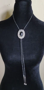 NAVAJO SIGNIERT JJ ONYX STEIN CONCHO 925 STERLING SCHWARZ GEFLOCHTEN LEDER BOLO TIE - Bild 1 von 10