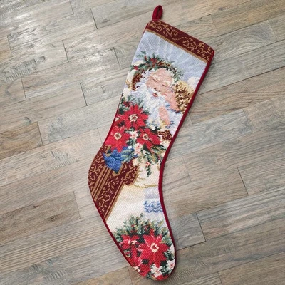 Medias de terciopelo vintage hechas a mano de Navidad de Papá Noel con punta de aguja tamaño completo Foto 1 de 4