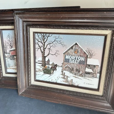 Pintura al óleo sobre lienzo certificada escena de invierno C. Carson, vintage - Juego de 2 Foto 1 de 4