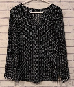 Talbots Women's Size L Blouse Blue Black White Dots V-Neck Long Sleeve - Picture 1 of 5