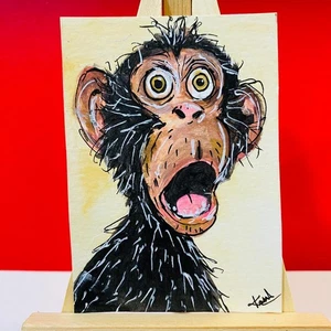 ACEO Funny Shocked Monkey Whimsical Animal Expression Acrylic Painting Art NEW - Picture 1 of 7