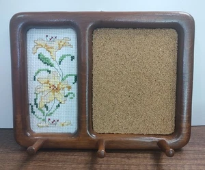 Vtg Wood Cork Message Board Cross Stitch Lily Design Key Holder Entryway 10x7.5" - Picture 1 of 4