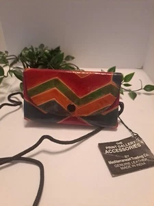 Mediterranean Trading Company Leather 5x3x2 crossbody bag Red And Green Tribal - Picture 1 of 10