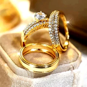 Round Cut Moissanite His / Her Wedding Trio Ring Set 14K Yellow Gold Plated 2Ct - Picture 1 of 6
