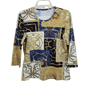 Blusa J. McLaughlin Estampado Ecuestre Manga 3/4 Marrón Azul Talla Grande Dinero Antiguo - Imagen 1 de 10
