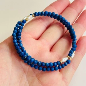VtG Lapis Lazuli Freshwater Pearl Genuine wrap Bracelet beaded Egyptian Revival - Picture 1 of 6