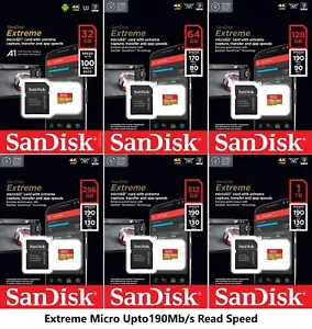 Sandisk Extreme micro SD Memory Card - 64GB to 1TB Capacity - V30 UHS-I U3 A2 - Picture 1 of 49