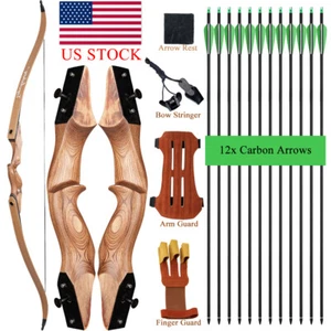 60" Traditional Wooden Takedown Recurve Bow 30-50lbs Carbon Arrow Archery Target - Picture 1 of 22