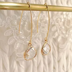 Bridal Long Clear Crystal Earrings V Shaped Hook Wire Teardrop Gold Plated Boxed - Picture 1 of 3