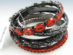Style&Co Set of 4 Hematite-Tone RED CRYSTAL Mixed BANGLE Bracelet Set - Picture 1 of 1
