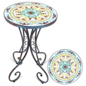 Mosaic Patio Table and Plant Stand, Outdoor Side Table for Patio with Floral