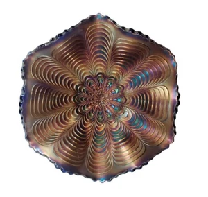 Fenton Carnival Glass Cobalt Peacock Tail Bowl Ruffled Edge - Picture 1 of 7