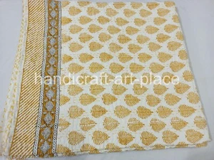 Vintage Indian Hand Block Print Quilt With Kantha King Size Bedspread Yellow - Picture 1 of 7