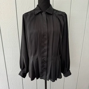 Vintage Tess schwarze plissierte Knopfleiste Bluse ~ 10 - Bild 1 von 10