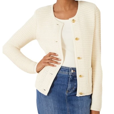 Talbots Womens Cream Textured Button Front Cardigan Sweater Gold Buttons Size 1X - Image 1 of 4
