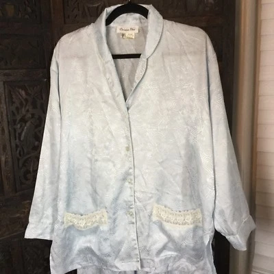 Conjunto de pijama vintage Christian Dior mediano azul cachemir texturizado bolsillos de encaje Foto 1 de 4